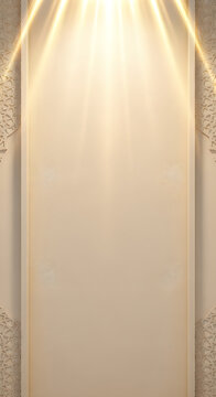 Elegant beige background with golden light rays and islamic geometric patterns on borders creating a sophisticated spiritual atmosphere.
