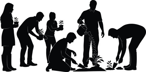 Obraz premium People planting trees and gardening silhouettes set isolated on white background