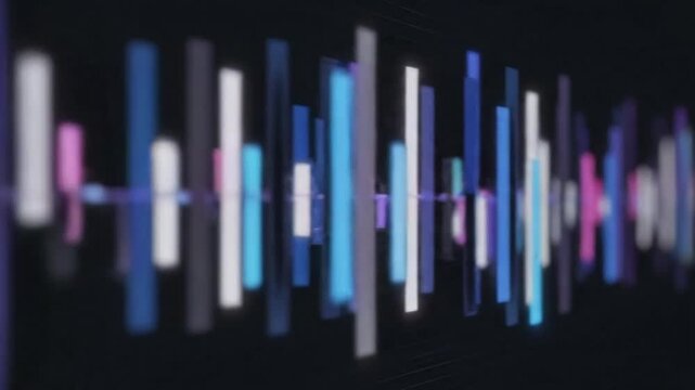 Abstract digital sound wave equalizer animation with colorful vertical bars pulsating and moving on a black background