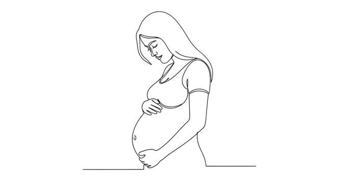 Serene Continuous Line Art Illustration of a Pregnant Woman Embracing Her Belly