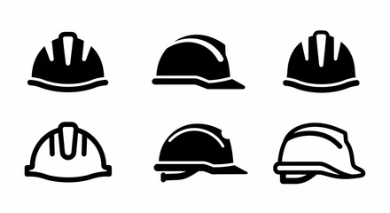 Fototapeta premium Set of Six Flat Black Construction Hard Hat Icons on White Background