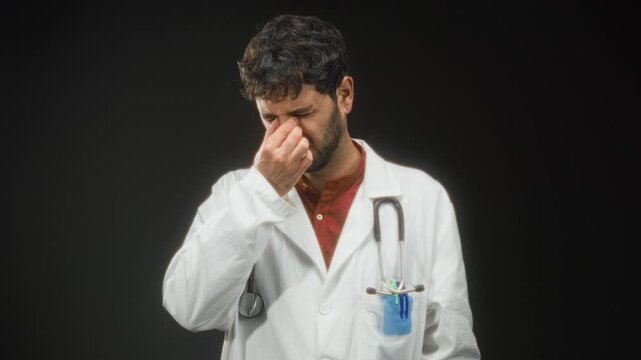 Man in white coat pinching bridge of nose with hand, stethoscope on neck, beard visible, red shirt under coat, studio backdrop; fatigue stress.