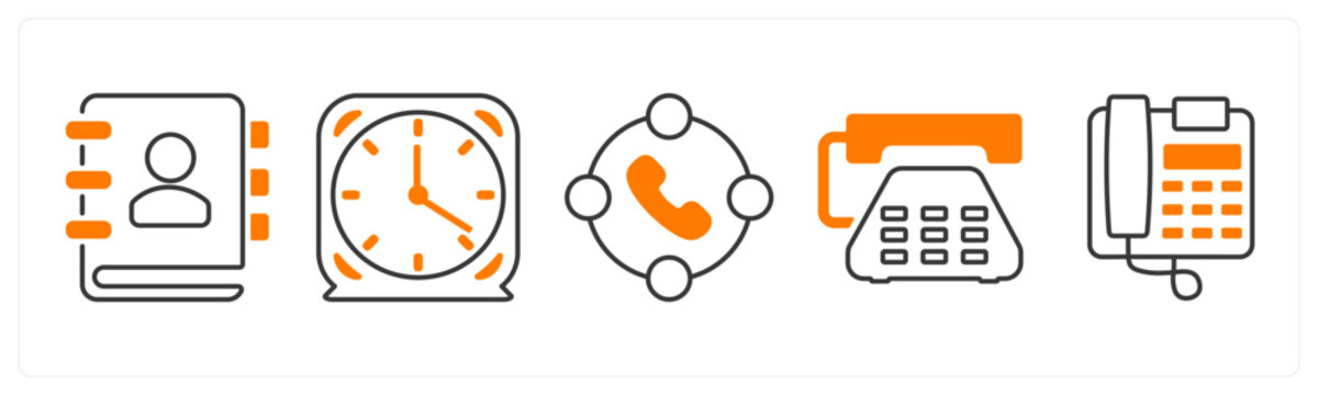A set of 5 mix icons as contact book, clock, calling
