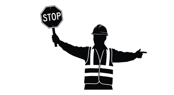 Construction worker directing traffic with a stop sign silhouette