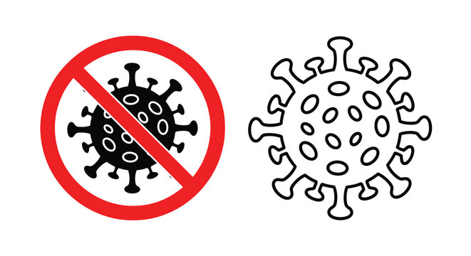 Prohibition sign with virus illustration and separate viral form silhouette