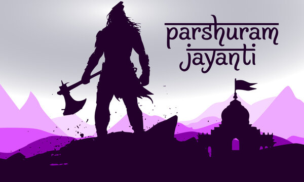 Parshuram Jayanti dramatic dark purple silhouette of Lord Parashurama standing tall with axe over ancient temple and mountain skyline, Hindu warrior god festival vector