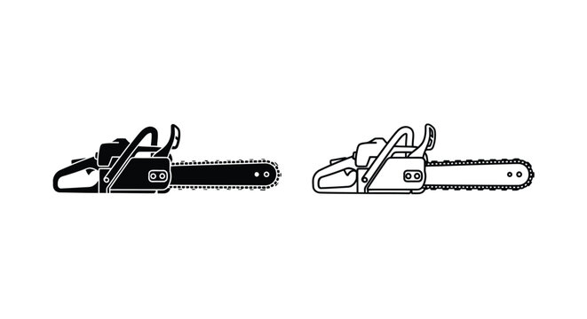 Two black and white chainsaw illustrations in a minimalist silhouette