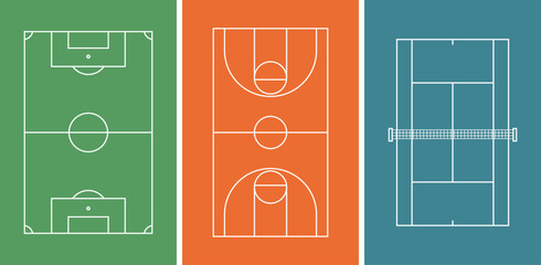 Sports field layout vector set including soccer field, basketball court and tennis court, tactical game strategy diagrams in top view isolated on transparent background. © Palash