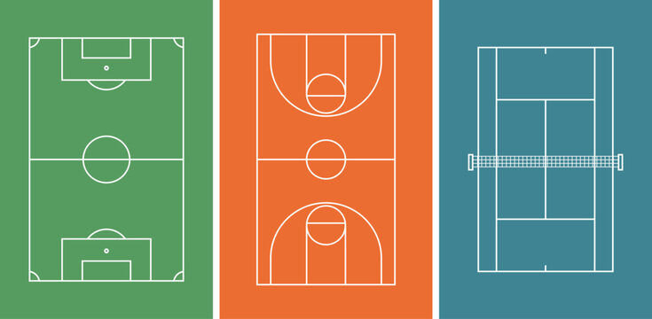 Sports field layout vector set including soccer field, basketball court and tennis court, tactical game strategy diagrams in top view isolated on transparent background.