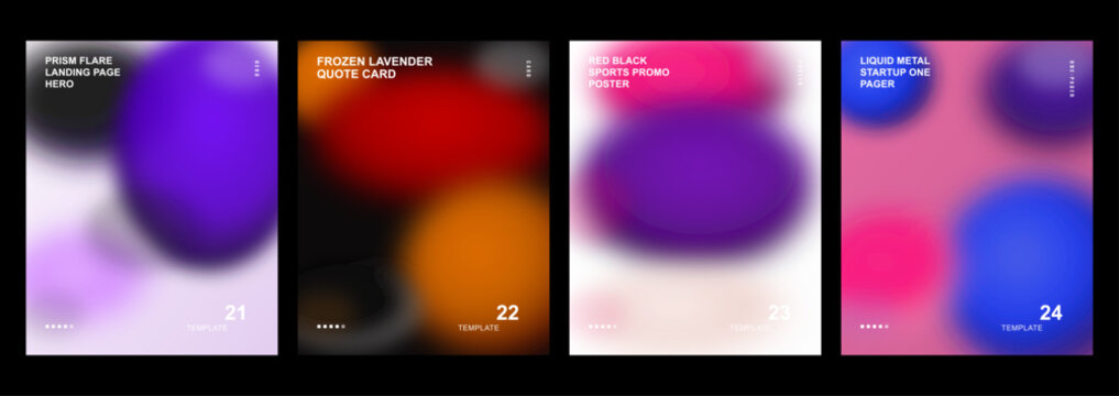 Set of 4 abstract blurred gradient poster templates in purple, red, orange, pink, blue, black and white for landing page hero, quote card, sports promo poster and startup one pager