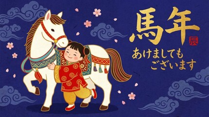 Naklejka premium Japanese New Year Illustration Featuring a Girl Hugging a White Horse for the Year of the Horse with Traditional Patterns and Calligraphy Greeting