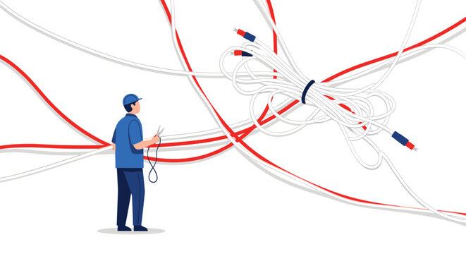 A worker in a blue uniform holds a tool while standing near a chaotic tangled mess of white and red electrical cables for a technical maintenance concept.
