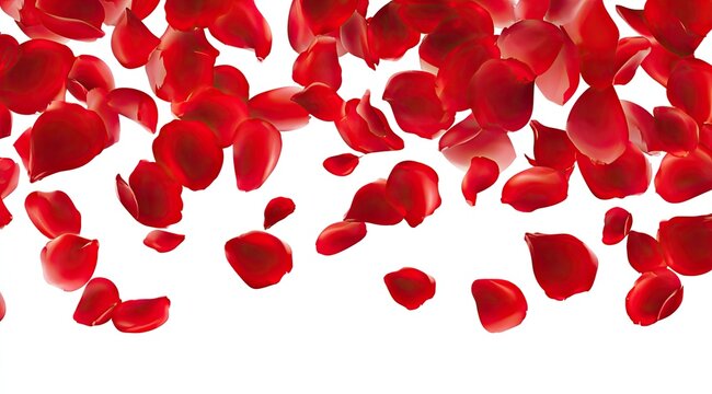 Cascading vibrant red rose petals drift and fall against a clean white background