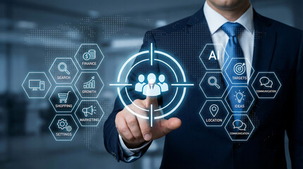 Fototapeta premium A businessman points at a central target audience icon, surrounded by a complex network of icons representing AI, finance, search, growth, and marketing, indicating advanced business intelligence.