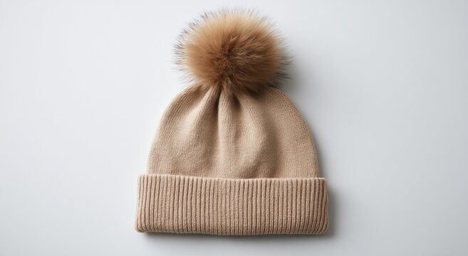 Cozy tan knit beanie with fluffy pom-pom, ribbed cuff, soft texture