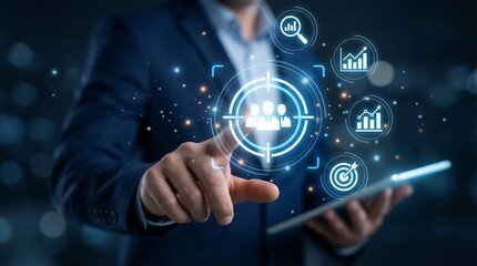 Fototapeta premium A man in a suit uses a tablet to interact with digital icons representing business analytics, target audience, and search functions.