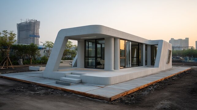 Modern 3d printed concrete house exterior with minimalist architectural design and large glass windows in an urban construction site setting