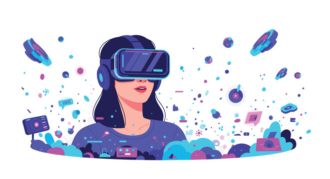Young woman experiencing immersive virtual reality technology surrounded by floating abstract geometric shapes and colorful digital interface elements today.
