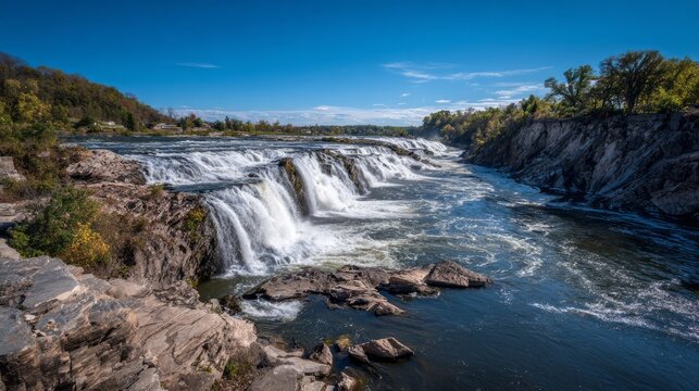 Powerful rapids of cohoes falls cascading over rocky cliffs on the mohawk river in new york state, scenic natural landmark and popular tourist attraction with viewing overlook in waterford near albany