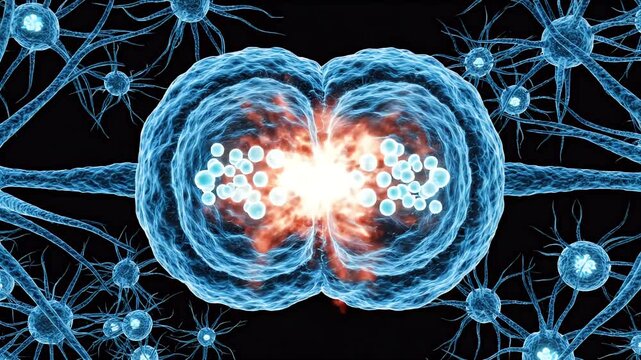 3D Medical Animation Depicting Synaptic Transmission with Blue Glowing Neurotransmitters Firing Between Neurons Against a Dark Background