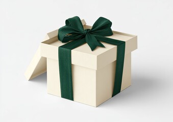 Obraz premium Cream gift box with open lid and deep green ribbon bow on white background