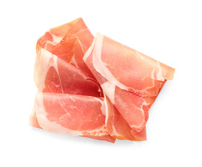 Naklejka premium Slices of tasty prosciutto on white background