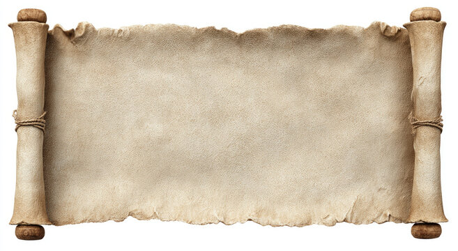 Aged parchment scroll with frayed edges, tied with rough cord, on white background
