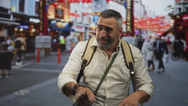 Man with beard touching his temples with fingers and wearing a backpack on a busy street; curiosity wanderlust.