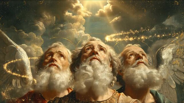 Pentecost Eve vision of the Holy Trinity with three bearded elder men with halos looking upward surrounded by golden light and heavenly clouds in divine atmosphere