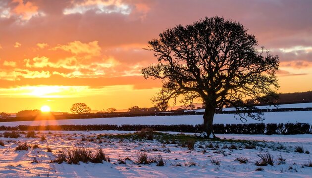 Winter's embrace: Silhouette of a tree at sunset in a snow-covered landscape