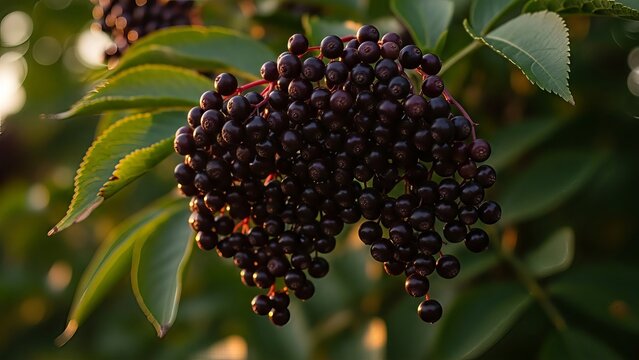 Lush elderberry clusters bathed in soft, natural light amidst green foliage elegance