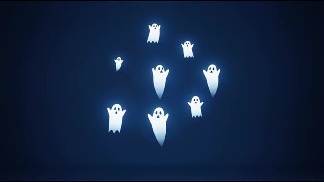 A clean cinematic Halloween scene featuring soft ghost silhouettes floating in a dark minimal background