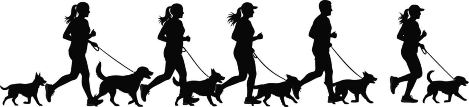 Silhouettes of people and their pets running and walking, illustrating companionship and active lifestyles