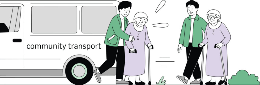 Volunteer driver helping senior elderly people with walking sticks enter a community transport van for medical healthcare assistance