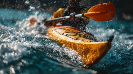 Fototapeta premium Dynamic kayaking action on open water with powerful paddle strokes and splashing waves, athlete demonstrating water sports technique, energy, motion, and outdoor adventure in a vivid aquatic environme