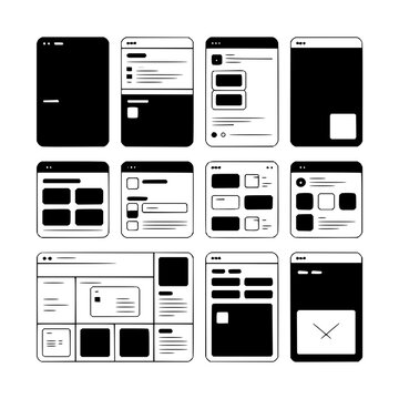 Mobile app wireframe templates vector illustration template black and white smartphone