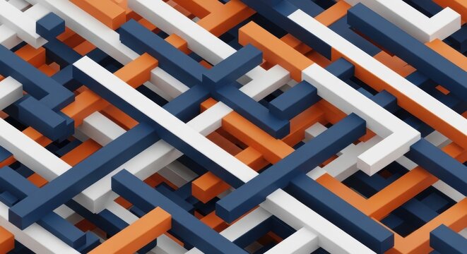 Close-up of geometric patterned tiles in blue, white, and orange