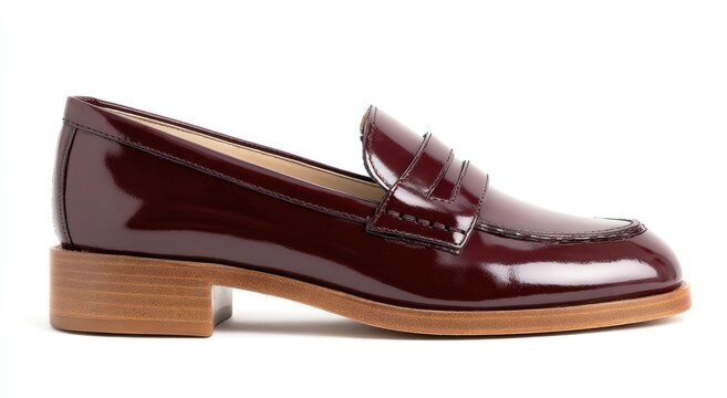 Polished burgundy patent leather loafer with a stacked wood heel