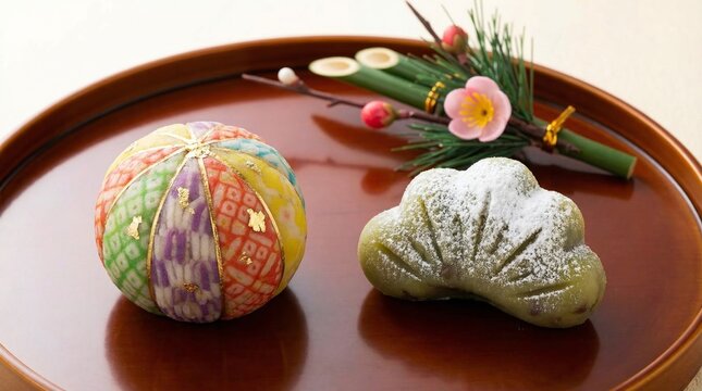 Traditional Japanese Wagashi Sweets and New Year Decorations on a Lacquered Tray