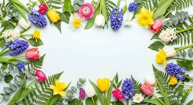 Vibrant Spring Flower & Green Leaf Frame with Copy Space on Light Blue Background, Top View Floral Arrangement