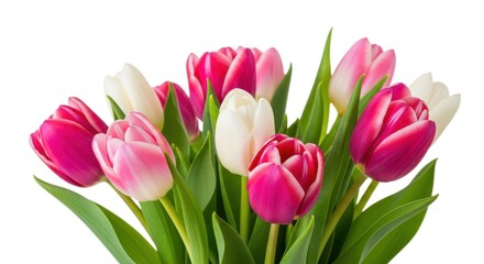 Obraz premium Close-up of pink tulips in green vase on white background