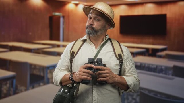 Man middle aged with beard holding binoculars, wearing backpack and pith hat in a classroom building among desks and monitor; curiosity adventure.