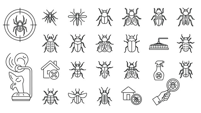 Comprehensive collection of pest control icons featuring various insects like cockroaches, flies, and beetles with extermination symbols.
