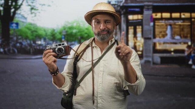 Man holding vintage camera and pointing index finger on a bustling city street with backpack and straw hat; playful curiosity.