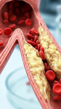 Vascular health decline: cholesterol accumulation, artery obstruction, plaque formation, blood flow restriction, cardiovascular risk, lipid imbalance.