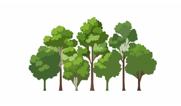 Forest of green deciduous trees vector set with lush crowns in flat decorative illustration style