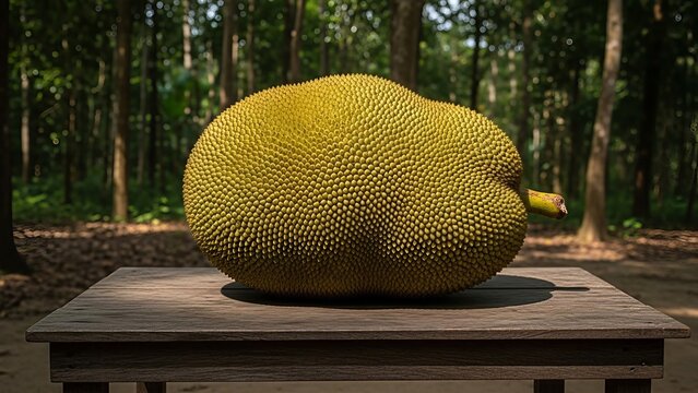 Majestic jackfruit rests upon a weathered wooden table amidst a tranquil forest setting