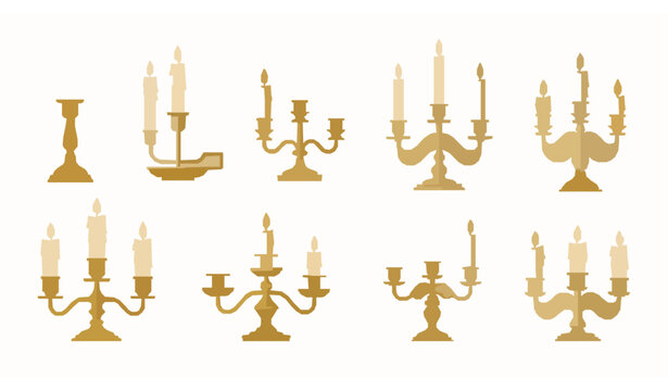 Vintage candles and candlestick vector set in flat illustration style for home decoration and lifestyle