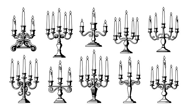 Decorative candles in candlesticks and candelabrums vector set in elegant vintage flat illustration