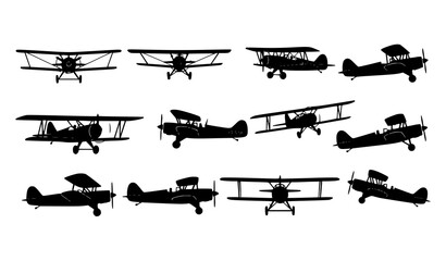 Biplane silhouette vector set in flat black style for aviation, retro, and travel design © MstMonisha